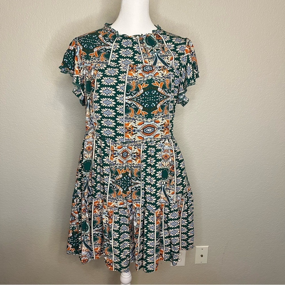 Kirundo Boho Floral Green and Orange Ruffle Sleeve Flowy Mini Dress Size Medium